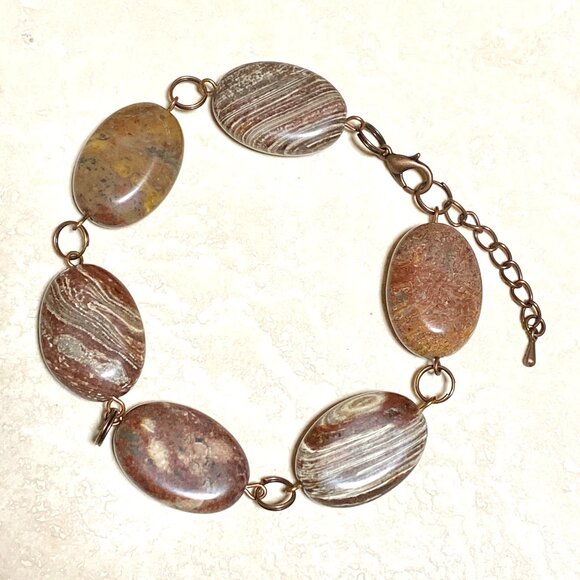 2/$20, Earthy Jasper Boho Bracelet, Large Genuine Gemstone + Copper Links - Picture 1 of 11